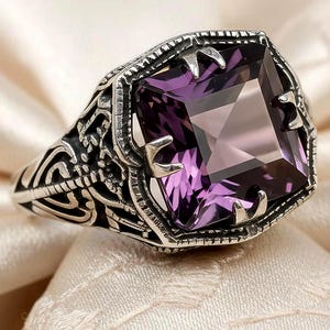 Art Deco Inspired Simulated Amethyst Ring 925 Sterling Silver Geometric Vintage Design 1344