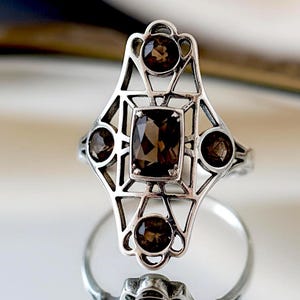 Art Deco Inspired Natural Smoky Quartz Ring, Sterling Silver 925, 1920s Style 402