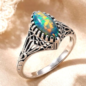 Vintage Art Nouveau Design 925 Sterling Silver Ring Lab Created Black Opal Filigree 744