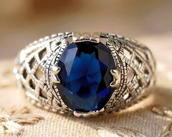 Art Deco Design Royal Blue Simulated Sapphire Bow Detail Ring 925 Sterling Silver 1806