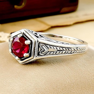 Art Deco Inspired Natural Ruby Ring 925 Sterling Silver Filigree Heart Vintage Design 509