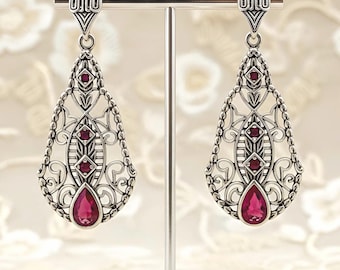 Edwardian Natural Ruby Filigree Earrings 925 Sterling Silver Vintage Design 663