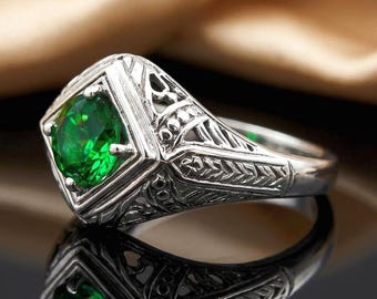 Art Deco Green Simulated Emerald Ring 925 Sterling Silver Filigree Vintage Style 1791