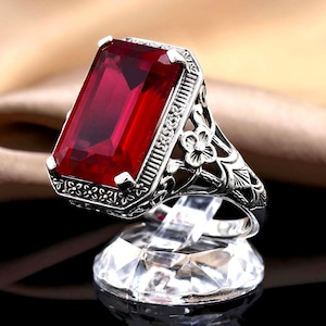 9 Carat Lab Created Ruby Vintage Deco Design Sterling Silver Floral Filigree Ring 090