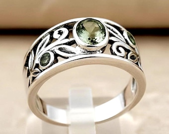 Natural Green Amethyst Art Nouveau Inspired Vine Band Ring 925 Sterling Silver 840