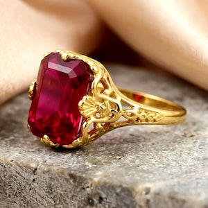 Art Deco Lab Created Ruby Ring 925 Sterling Silver 24K Finish Vintage Inspired  1015