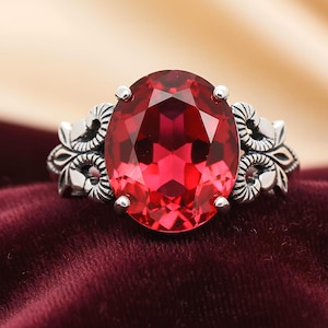 Art Deco Floral Simulated Ruby Ring 925 Sterling Silver Vintage Style 1304