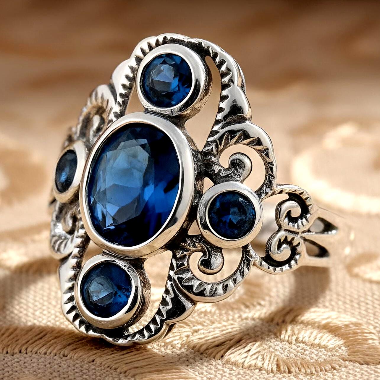 Vintage Victorian Era Natural London Blue Topaz Ring 925 Sterling Silver Multi-Stone Design 269