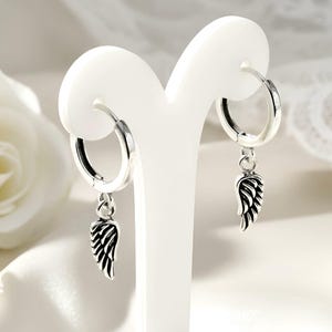 925 Sterling Silver Angel Wing Hoop Earrings Small Huggie Dangles 2067 image 1