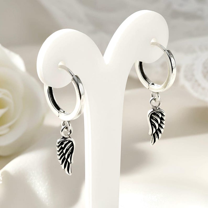 925 Sterling Silver Angel Wing Hoop Earrings Small Huggie Dangles 2067 image 1