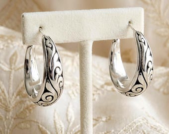 925 Sterling Silver Hollow Form Hoop Earrings Vintage Swirl Engraved Lightweight 1393