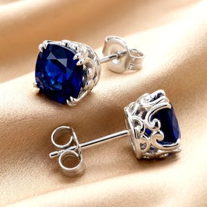 Sterling Silver Lab Created Sapphire Stud Earrings Vintage Design Scrollwork 5mm 6.5mm 8mm 2216