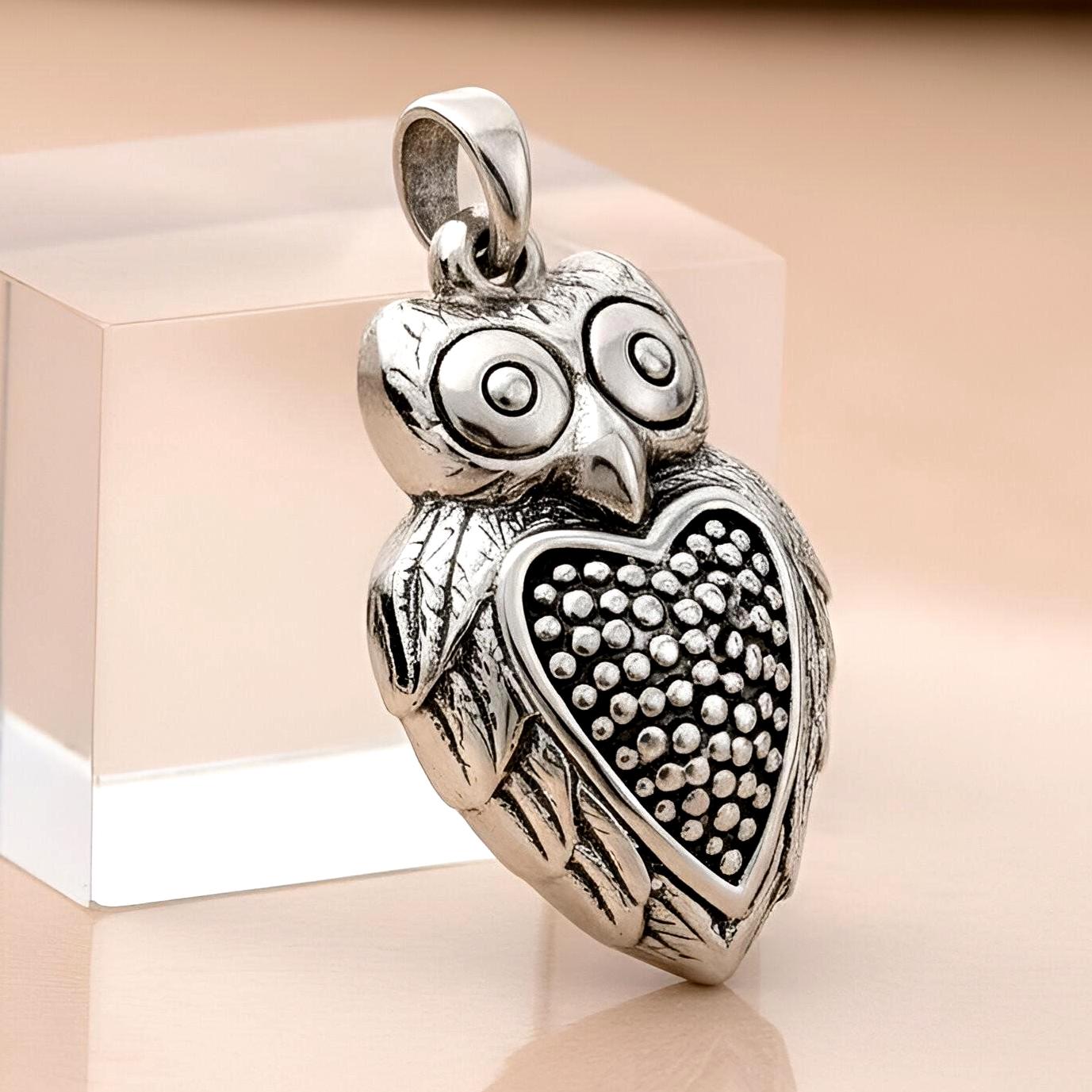 Owl Heart Hollow Form 925 Sterling Silver Pendant Lightweight Everyday Jewelry 1608