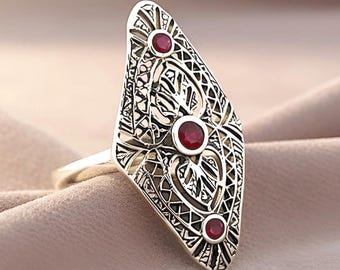 Art Nouveau Inspired Natural Ruby Filigree Ring Vintage Style 925 Sterling Silver 1104