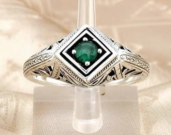 Art Deco Natural Emerald 925 Sterling Silver Filigree Ring Vintage Geometric Antique Inspired 147
