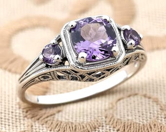 Natural Amethyst Three Stone Ring Edwardian Era Inspired Filigree 925 Sterling Silver 193