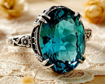 Art Nouveau Inspired Simulated London Blue Topaz Filigree Ring 925 Sterling Silver 1214