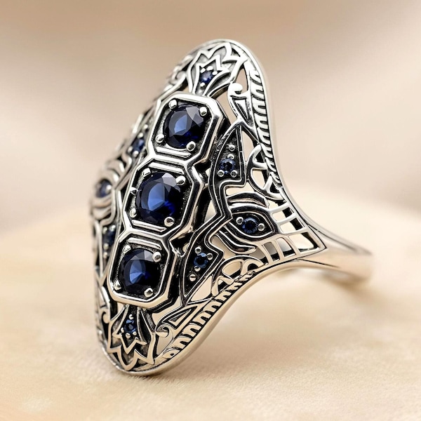 Art Deco Inspired Simulated Blue Sapphire 925 Sterling Silver Filigree Cigar Ring 1794