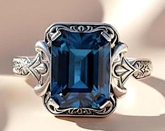 Art Deco 4 Ct. Natural London Blue Topaz Ring Filigree 925 Sterling Silver 278