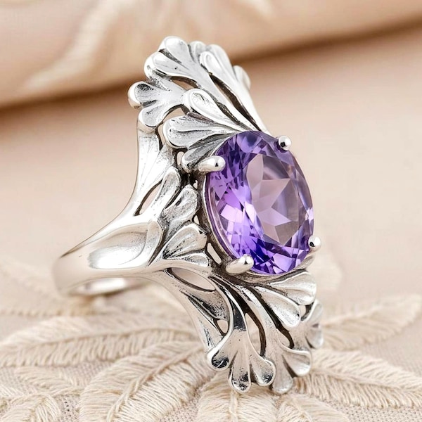 Natural Amethyst Ring Art Nouveau Style 2.30 Carat 925 Sterling Silver Vintage 916