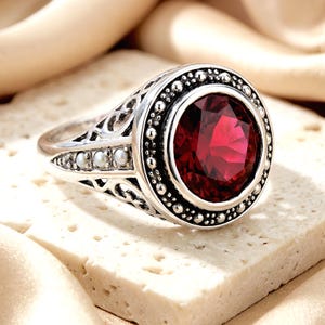 Victorian Vintage Inspired 3.5 Carat Lab Created Ruby & Pearl Ring 925 Sterling Silver 346