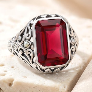 Victorian Vintage Inspired 5 Carat Lab Created Ruby & Pearl Ring 925 Sterling Silver 297