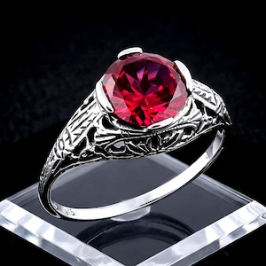 Art Deco Lab Created Ruby Ring 925 Sterling Silver Filigree Vintage Style 175