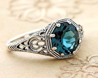 Edwardian Filigree Simulated London Blue Topaz Ring 925 Sterling Silver Vintage Inspired 1174