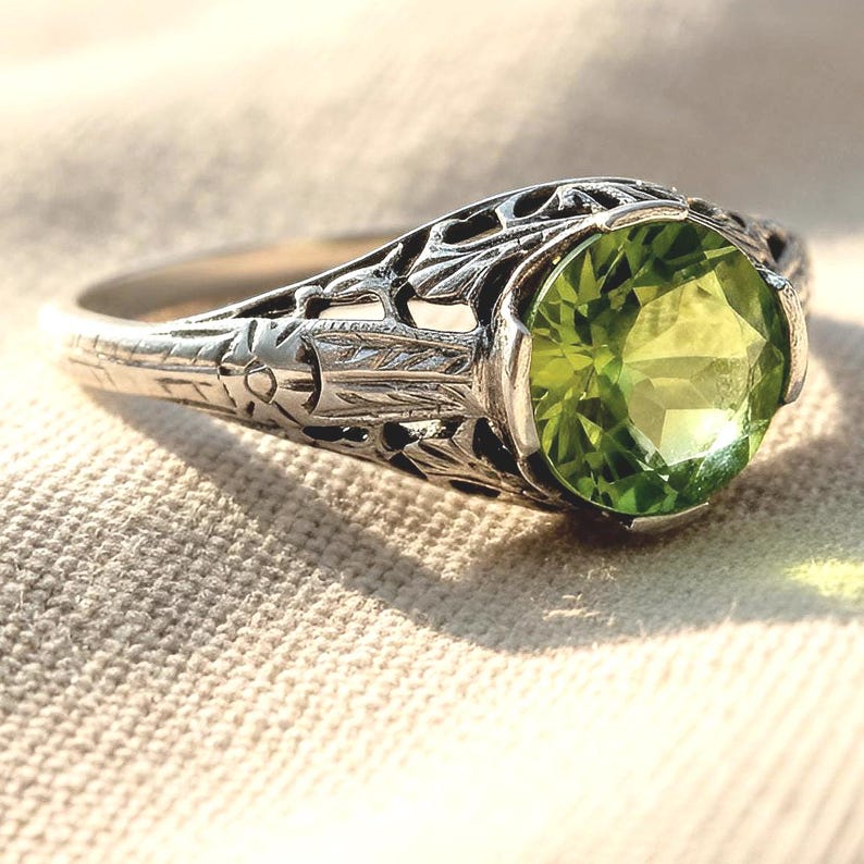 Filagree Ring Pattern Art Deco Natural Peridot Ring 925 Sterling Silver Filigree Vintage ...