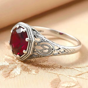 Edwardian Style Lab Created Ruby Ring 925 Sterling Silver Filigree Vintage Design 1276