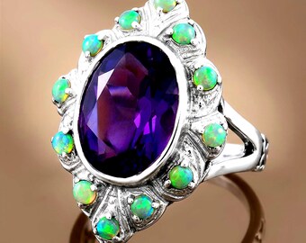 6 Ct. Lab Created Amethyst Green Opal Victorian Sterling Silver Ring Vintage Design 521