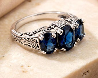 Art Deco Inspired 2 Ct. Simulated Sapphire Three Stone Ring 925 Sterling Silver 1169