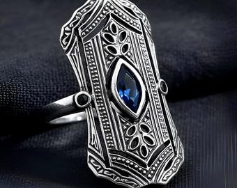 Art Deco Inspired Natural Sapphire Ring Antique Reproduction 925 Sterling Silver 1093