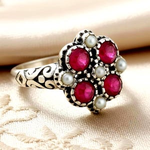Victorian Natural Ruby & Pearl Floral Cluster Ring 925 Sterling Silver Vintage Filigree Design 117