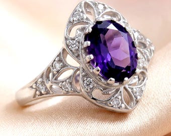 Art Nouveau Natural Amethyst & Simulated Diamond Floral Filigree Ring Sterling Silver Vintage Design 850