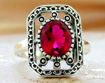 Art Deco Era 925 Sterling Silver Ring 3 Ct. Lab Ruby Vintage Style 1101