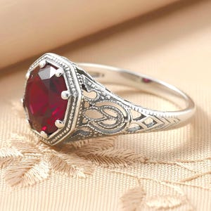 May include: A silver ring with an octagonal, deep red gemstone. The ring features intricate filigree detailing on the band and around the stone setting. The gemstone is faceted, catching the light and adding sparkle.