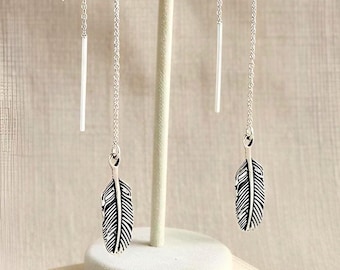 925 Sterling Silver Feather Threader Earrings Long Dangle Pull-Through Drops Minimalist Boho Southwestern 2080
