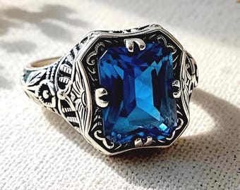 Art Deco Inspired Simulated London Blue Topaz Ring, 925 Sterling Silver Filigree 1285