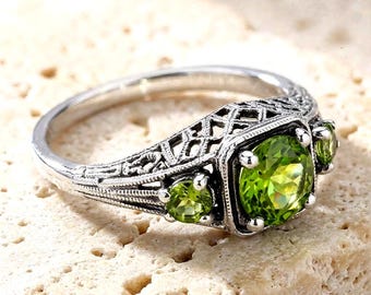 Natural Peridot Three Stone Ring Vintage Art Deco Design 925 Sterling Silver Filigree 514