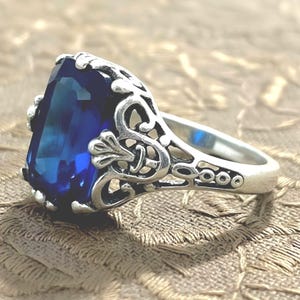 Dainty Art Deco Simulated Sapphire Ring Vintage Style 925 Sterling Silver 1920s Inspired 1295