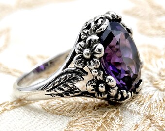 Victorian Era Simulated Amethyst 925 Sterling Silver Ring Vintage Style Floral Filigree 1351