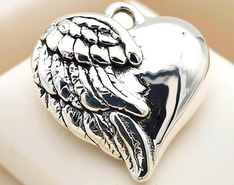 925 Sterling Silver Hollow Form Angel Wing Heart Pendant Lightweight Guardian Necklace Charm 1234