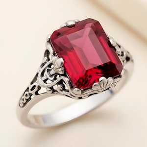 Edwardian Inspired Lab Created Ruby Ring Vintage Style Filigree 925 Sterling Silver Jewelry 1293