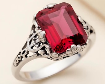 Edwardian Inspired Lab Created Ruby Ring Vintage Design Filigree 925 Sterling Silver Jewelry 1293