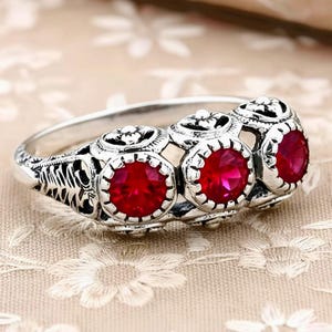 Natural Ruby Ring Victorian Inspired 925 Sterling Silver Three Stone Vintage Style  158