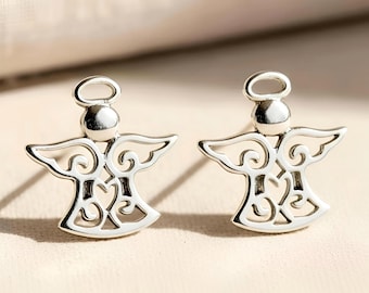 925 Sterling Silver Angel Earrings Dainty Filigree Guardian Studs with Heart Detail 1993