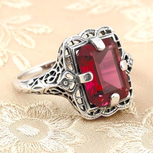 Art Deco Simulated Ruby Ring 925 Sterling Silver Filigree Vintage 1920s Era 1176