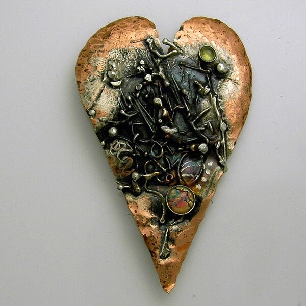 One of A Kind Heart Pin ( brooch ) in Sterling Silver and Copper with Genuine Peridot Cabochon and Vintage Harlequin Opaline Cab  by Cathleen McLain McLainJewelry 11-51