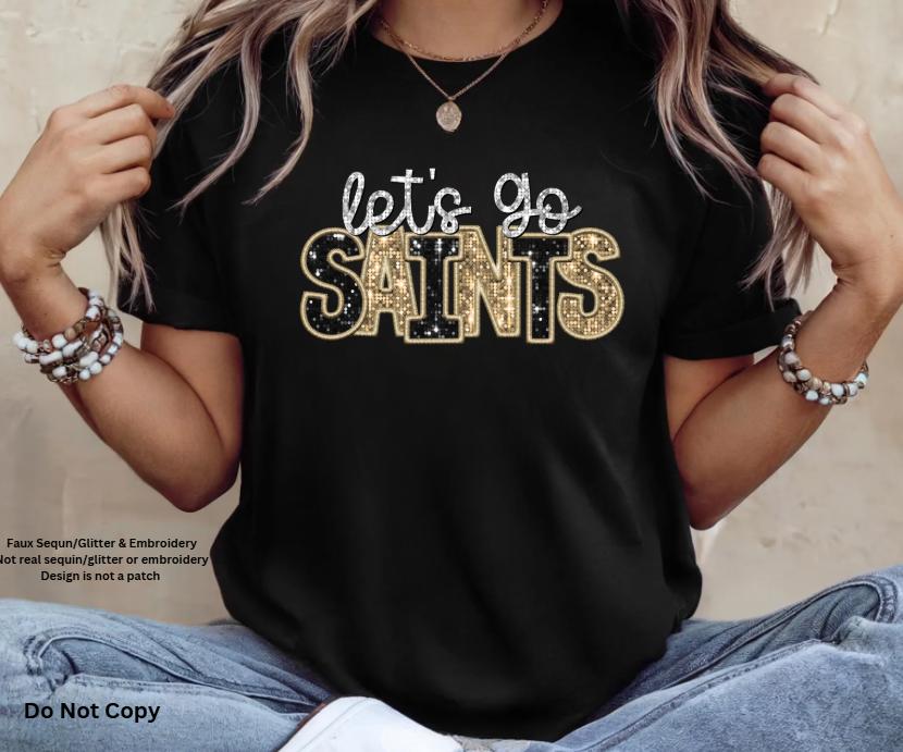Faux Sequin Saints Tee: Black & Gold Football T-Shirt
